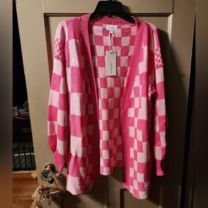AnnieWear Oversized Pink Checkerboard Open Cardigan
